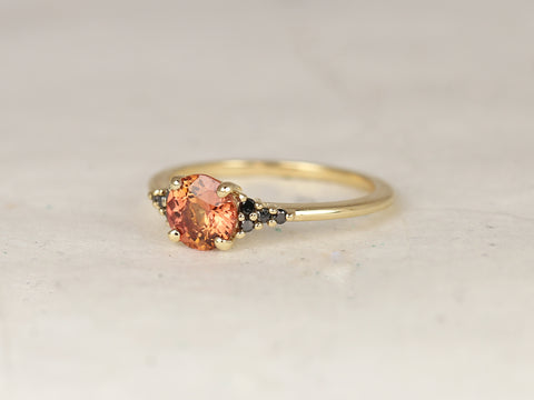 1.04ct Ready to Ship Malia 14kt Yellow Gold Flamed Tangerine Red Sapphire Black Diamonds Dainty Round Cluster Ring - Rosados Box