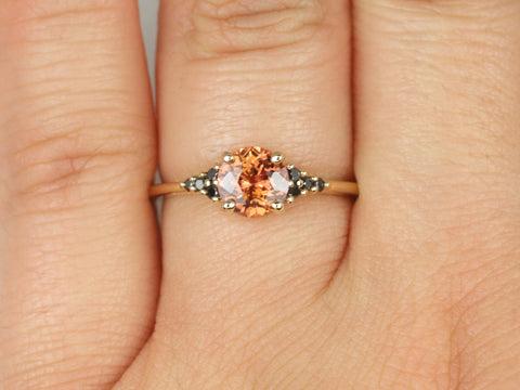 1.04ct Ready to Ship Malia 14kt Yellow Gold Flamed Tangerine Red Sapphire Black Diamonds Dainty Round Cluster Ring - Rosados Box