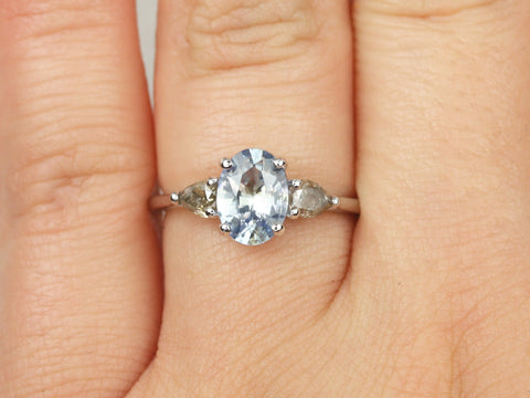 1.50ct Ready to Ship Emery 14kt White Gold Icy Cornflower Blue Sapphire Salt Pepper Diamond Pear 3 Stone Oval Ring - Rosados Box
