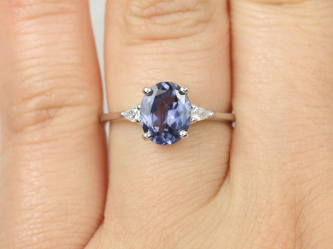 1.69cts Ready to Ship Petite Emery 14kt White Gold Indigo Purple Spinel Diamond Minimalist Pear 3 Stone Oval Ring - Rosados Box