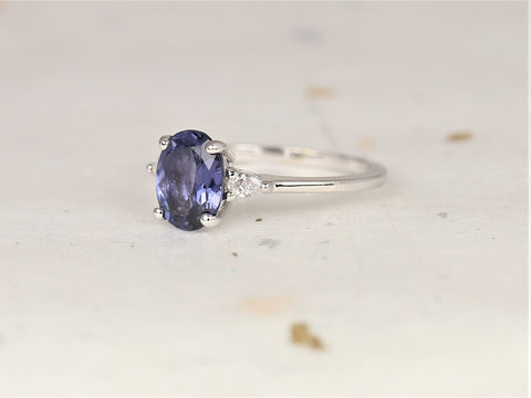 1.69cts Ready to Ship Petite Emery 14kt White Gold Indigo Purple Spinel Diamond Minimalist Pear 3 Stone Oval Ring - Rosados Box