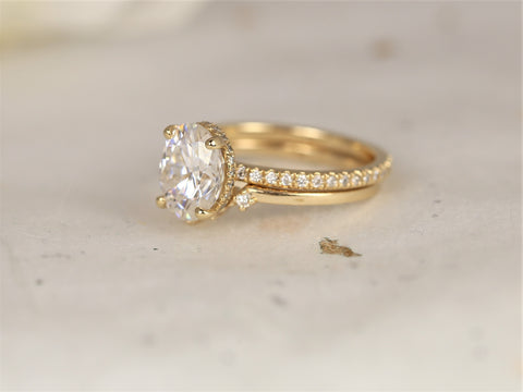 2ct EXTRA LOW Viviana 9x7mm & Remy 14kt Gold Moissanite Diamond Dainty Pave Oval Scarf Halo Bridal Set - Rosados Box