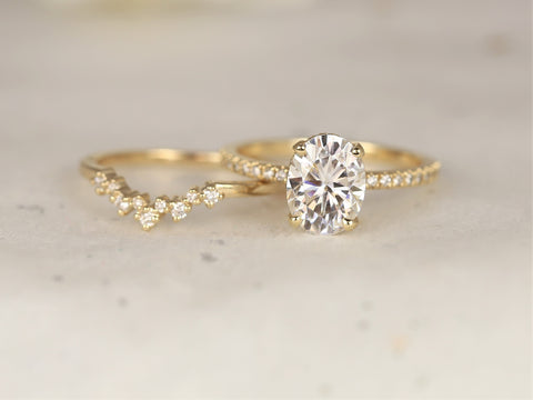 2ct EXTRA LOW Viviana 9x7mm & Remy 14kt Gold Moissanite Diamond Dainty Pave Oval Scarf Halo Bridal Set - Rosados Box