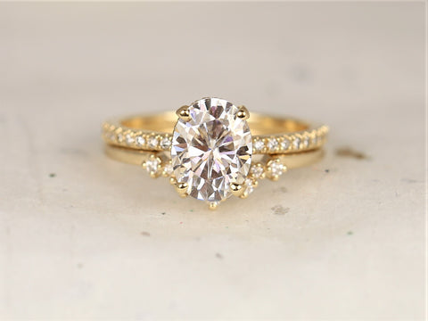 2ct EXTRA LOW Viviana 9x7mm & Remy 14kt Gold Moissanite Diamond Dainty Pave Oval Scarf Halo Bridal Set - Rosados Box