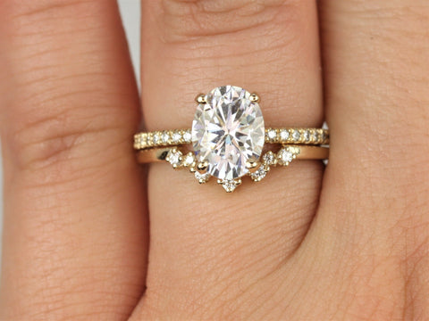 2ct EXTRA LOW Viviana 9x7mm & Remy 14kt Gold Moissanite Diamond Dainty Pave Oval Scarf Halo Bridal Set - Rosados Box