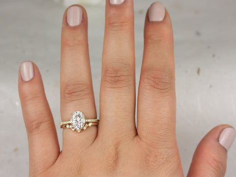 2ct EXTRA LOW Viviana 9x7mm & Remy 14kt Gold Moissanite Diamond Dainty Pave Oval Scarf Halo Bridal Set - Rosados Box