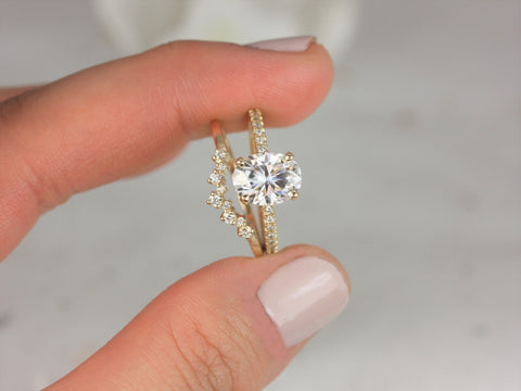 2ct EXTRA LOW Viviana 9x7mm & Remy 14kt Gold Moissanite Diamond Dainty Pave Oval Scarf Halo Bridal Set - Rosados Box