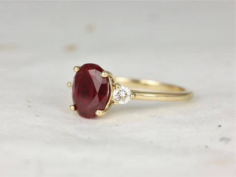 Gloria 9x7mm 14kt Gold Ruby Diamond Oval Three Stone Ring - Rosados Box
