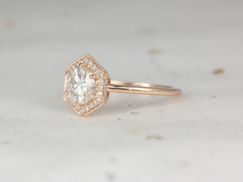 1.25ct Willis 7mm 14kt Rose Gold Moissanite Diamonds WITH Milgrain Art Deco Hexagon Halo Ring - Rosados Box