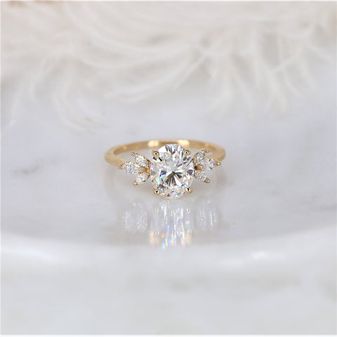 2ct Terah 9x7mm 14kt Gold Moissanite Diamond Marquise Unique Cluster Oval Ring - Rosados Box