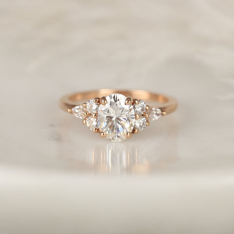1.50ct DIAMOND FREE Thea 8x6mm 14kt Gold Moissanite Art Deco 3 Stone Oval Cluster Ring - Rosados Box