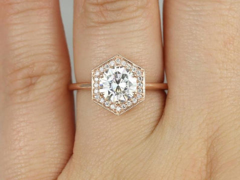 1.25ct Willis 7mm 14kt Rose Gold Moissanite Diamonds WITH Milgrain Art Deco Hexagon Halo Ring - Rosados Box