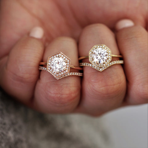 1.25ct Willis 7mm 14kt Rose Gold Moissanite Diamonds WITH Milgrain Art Deco Hexagon Halo Ring - Rosados Box