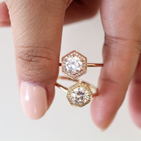 1.25ct Willis 7mm 14kt Rose Gold Moissanite Diamonds WITH Milgrain Art Deco Hexagon Halo Ring - Rosados Box