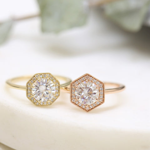 1.25ct Willis 7mm 14kt Rose Gold Moissanite Diamonds WITH Milgrain Art Deco Hexagon Halo Ring - Rosados Box