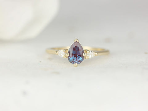 Petite Evette 7x5mm 14kt Gold Alexandrite Diamond Pear Three Stone Ring - Rosados Box