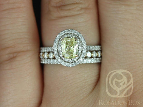 0.69ct Ready to Ship Cara & Petite Naomi 14kt White Gold Champagne Diamond Two-Toned Double Oval Halo TRIO Bridal Set - Rosados Box