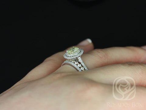 0.69ct Ready to Ship Cara & Petite Naomi 14kt White Gold Champagne Diamond Two-Toned Double Oval Halo TRIO Bridal Set - Rosados Box