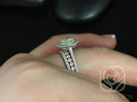 0.69ct Ready to Ship Cara & Petite Naomi 14kt White Gold Champagne Diamond Two-Toned Double Oval Halo TRIO Bridal Set - Rosados Box