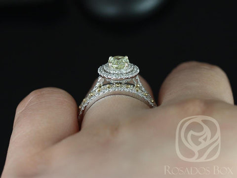 0.69ct Ready to Ship Cara & Petite Naomi 14kt White Gold Champagne Diamond Two-Toned Double Oval Halo TRIO Bridal Set - Rosados Box