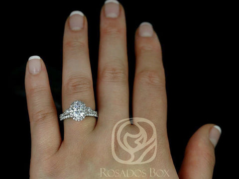 2cts Natalia 9x7mm 14kt Gold Moissanite Diamond Three Stone Oval Halo Bridal Set - Rosados Box