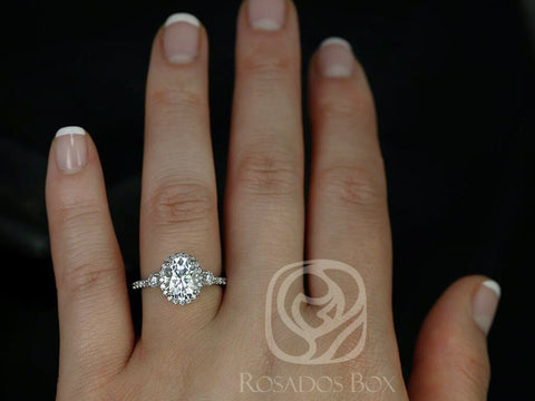 2cts Natalia 9x7mm 14kt White Gold Forever One Moissanite Diamonds Art Deco Dainty 3 Stone Unique Oval Halo Engagement Ring