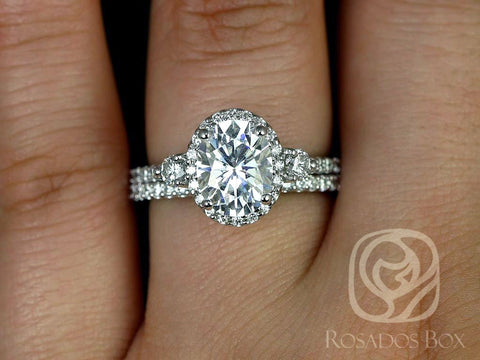 2cts Natalia 9x7mm 14kt Gold Moissanite Diamond Three Stone Oval Halo Bridal Set - Rosados Box