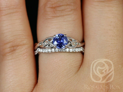 1.04cts Ready to Ship Cassidy 14kt White Gold Blue Sapphire Diamonds Celtic Knot Triquetra Solitaire Bridal Set