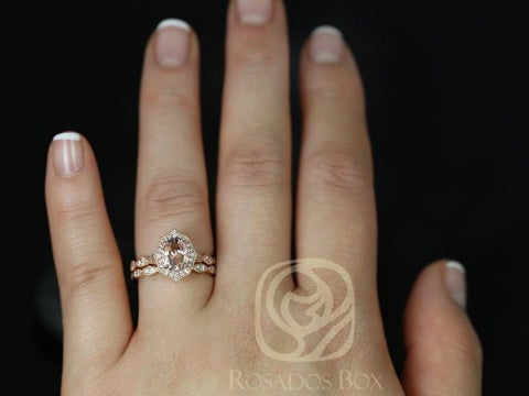 Lana 8x6mm 14kt Morganite Diamond WITH Milgrain Unique Oval Halo Bridal Set - Rosados Box