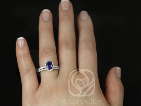 Ready to Ship Elizabeth 8x6mm 14kt White Gold Oval Blue Sapphire Diamond Halo Bridal Set