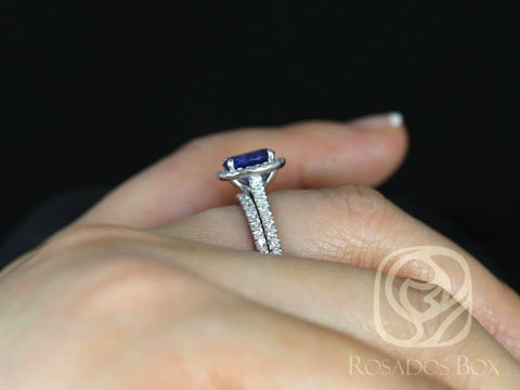 Ready to Ship Elizabeth 8x6mm 14kt White Gold Oval Blue Sapphire Diamond Halo Bridal Set