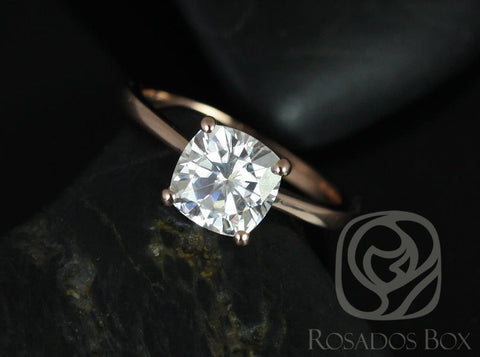 2ct Ready to Ship Skinny Florence 7.5mm 14kt WHITE Gold Moissanite Cushion Solitaire Ring - Rosados Box