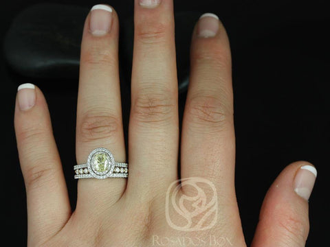 0.69ct Ready to Ship Cara & Petite Naomi 14kt White Gold Champagne Diamond Two-Toned Double Oval Halo TRIO Bridal Set - Rosados Box