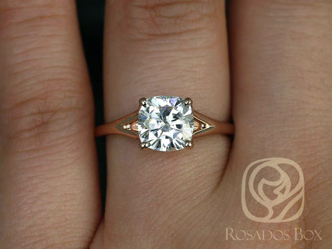 2ct Khaleesi 7.5mm 14kt Rose Gold Moissanite Mermaid Split Cathedral Solitaire Ring,Split Shank Engagement Ring,Cushion Minimalist Ring - Rosados Box