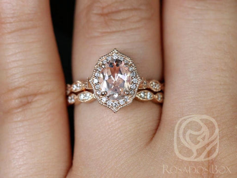 Lana 8x6mm 14kt Morganite Diamond WITH Milgrain Unique Oval Halo Bridal Set - Rosados Box