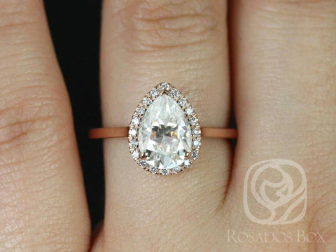 2ct Jorie 10x7mm 14kt Gold Forever One Moissanite Diamond Dainty Low Pear Halo Ring - Rosados Box