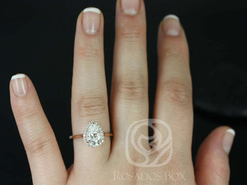 2ct Jorie 10x7mm 14kt Gold Forever One Moissanite Diamond Dainty Low Pear Halo Ring - Rosados Box