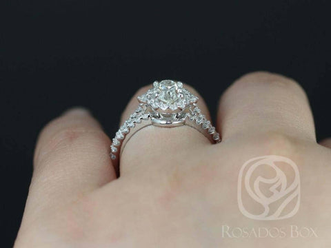 1.01ct Ready to Ship Bridgette 14kt White Gold Diamond Three Stone Unique Halo Bridal Set - Rosados Box