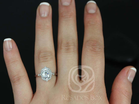 1.50ct Mae 8x6mm 14kt Gold Moissanite Diamond WITH Milgrain Unique Oval Halo Ring - Rosados Box