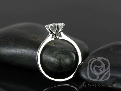 1.50ct Ready to Ship Skinny Wendy 7.5mm 14kt White Gold Forever One DEF Moissanite Dainty Tapered 6 Prong Round Solitaire Ring - Rosados Box