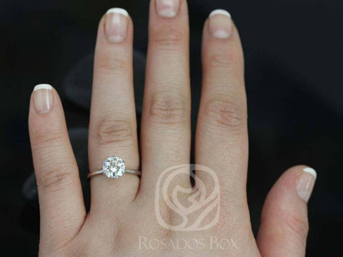 1.50ct Ready to Ship Skinny Wendy 7.5mm 14kt White Gold Forever One DEF Moissanite Dainty Tapered 6 Prong Round Solitaire Ring - Rosados Box