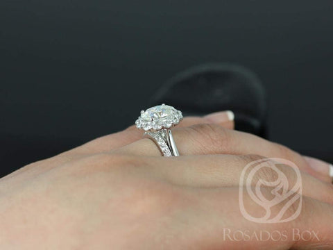 Katherine 10x8mm 14kt White Gold Oval Forever One Moissanite Diamond Flower Petal Halo Classic Bridal Set - Rosados Box