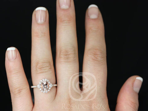 Bridgette 8x6mm 14kt Morganite Diamonds Dainty Unique Oval Halo Ring - Rosados Box