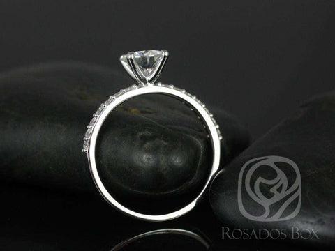 1ct Ready to Ship Sarah 6.5mm 14kt White Gold Moissanite Diamond Pave Minimalist Round Solitaire Engagement Ring - Rosados Box