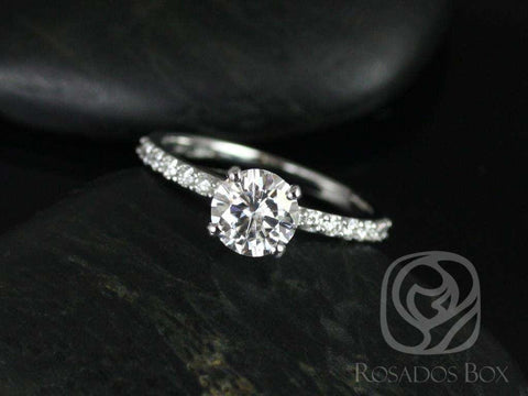 1ct Ready to Ship Sarah 6.5mm 14kt White Gold Moissanite Diamond Pave Minimalist Round Solitaire Engagement Ring - Rosados Box