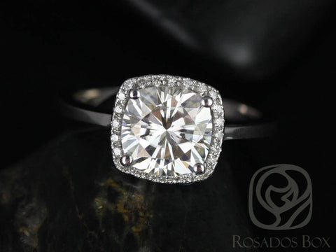2ct SALE Ready to Ship Bertha 7.5mm 14kt White Gold FB Moissanite Diamond Cushion Halo Ring - Rosados Box