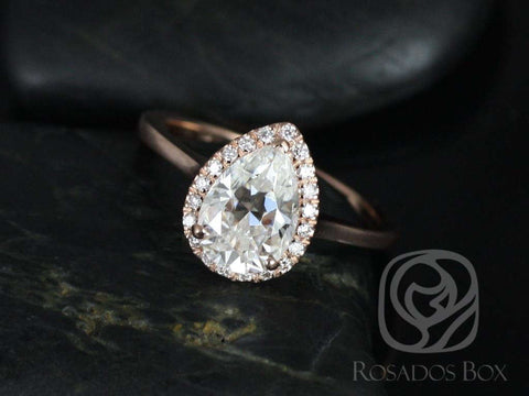 2ct Jorie 10x7mm 14kt Gold Forever One Moissanite Diamond Dainty Low Pear Halo Ring - Rosados Box