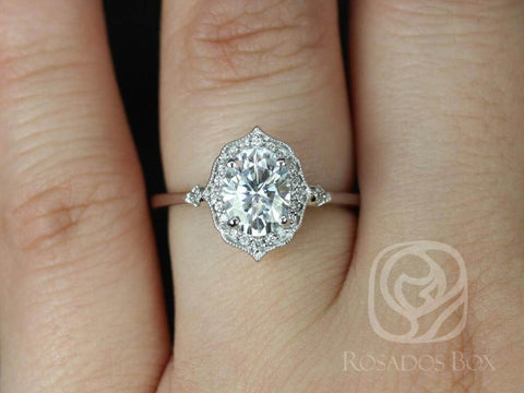 1.50ct Mae 8x6mm 14kt Gold Moissanite Diamond WITH Milgrain Unique Oval Halo Ring - Rosados Box