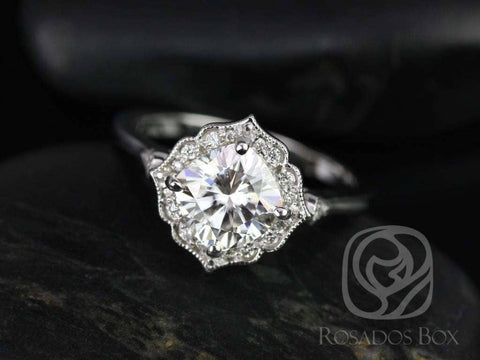 1.70ct Lily 7mm 14kt White Gold Moissanite Diamond WITH Milgrain Kit Set Engagement Ring,Art Deco Cushion Halo Ring,Unique Ring - Rosados Box