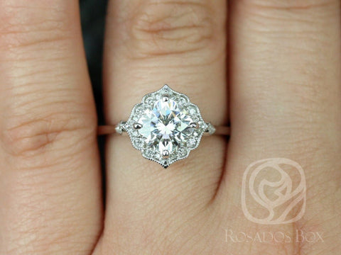1.70ct Lily 7mm 14kt White Gold Moissanite Diamond WITH Milgrain Kit Set Engagement Ring,Art Deco Cushion Halo Ring,Unique Ring - Rosados Box